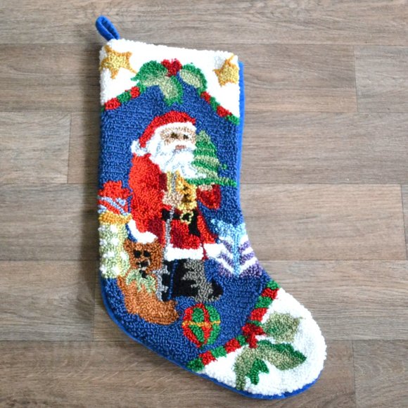 Vintage Needlepoint Yard Yarn Santa Claus Crochet Knit Retro Stocking - Picture 1 of 3